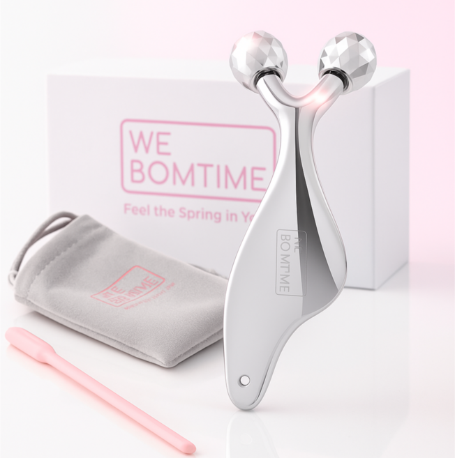 WEBOMTIME 얼굴 리프팅 롤러 괄사 마사지기 | 탄력 UP 붓기 제거 | 휴대용 파우치 & 스트랩 세트, 1개, 실버