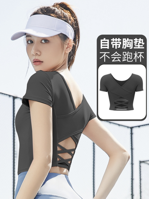 瑜伽服 運動上衣 附胸墊 裸感美背交叉設計 彈力速幹 露臍健身衣, 黑色, S