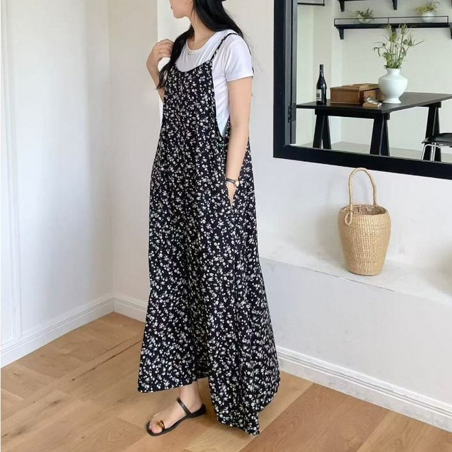 CHILL 韓系細肩帶碎花長洋裝 附口袋 寬鬆吊帶裙 孕婦可穿