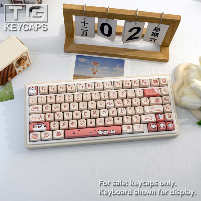 핑크 고양이 귀여운 기계식 키보드 키캡 한글 영문 각인 PBT 염료승화캐릭터 키캡 MOA 프로파일 MX 스위치 호환 61/64/68/87/96/104/108 배열 키보드 지원