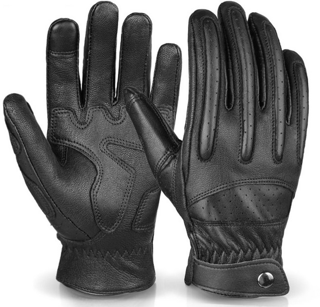 오제로 남녀공용 가죽 스마트 터치 타공 통풍 춘추용 오토바이 장갑, 블랙