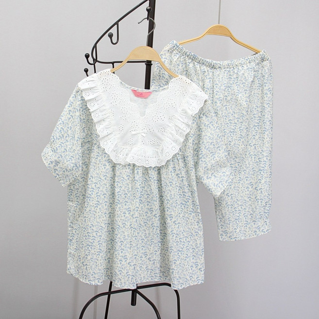 서울양품점_국산 여성 화이트펀칭 순면 반팔 잠옷 상하세트 홈웨어 실내복