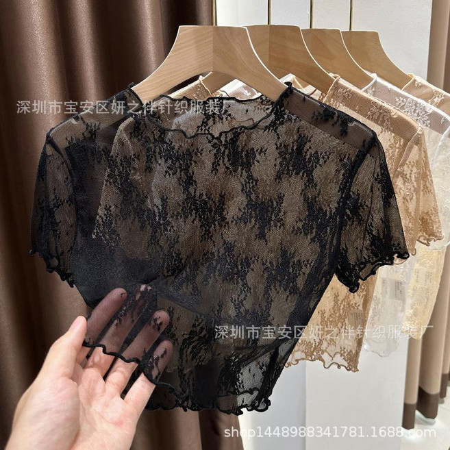 蕾絲網紗打底衫女圓領短袖木耳邊短款上衣