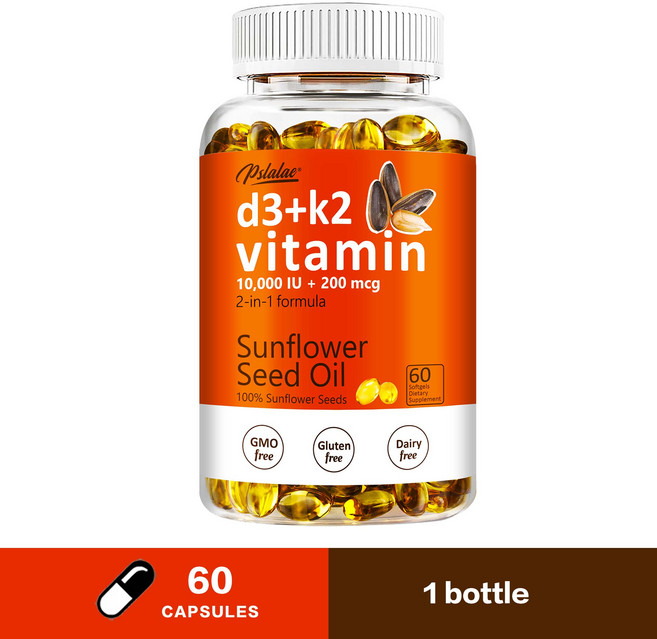 Pslalae 維生素D3+K2 葵花籽油軟膠囊 10 000 IU + 200 mcg, 60組