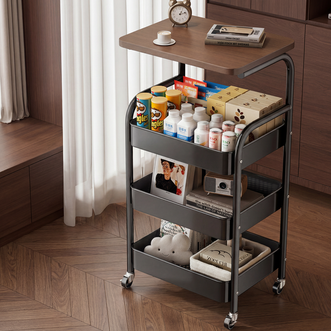 Dune 듀네 상판형 메쉬 트롤리 이동식 수납 선반 3단 바퀴형 다용도 거실 주방 인테리어 카트, 4단, 거믄색