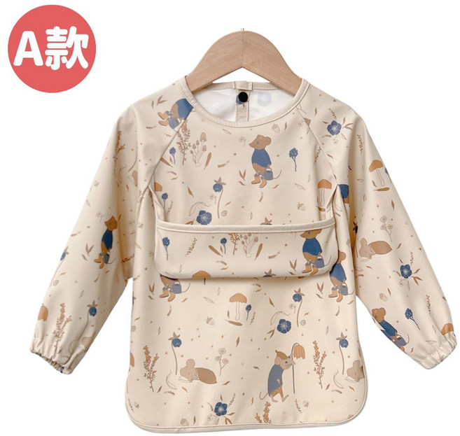 幼兒防水長袖罩衣 嬰兒吃飯圍兜 畫畫衣, 1個, A款 長袖-花田藍鼠,M碼 適合2.5歲~4歲