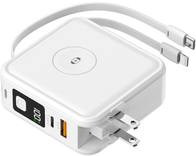 Wh 30000mAh 行動電源 快充 旅行用 3C, 白色（新升級防爆電芯）自帶線+無線磁吸