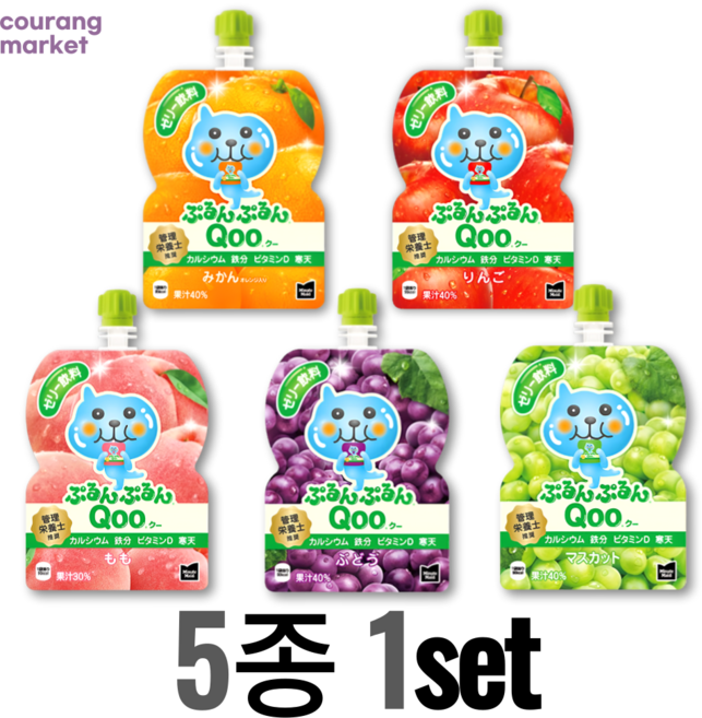 일본 코카콜라 미닛메이드 푸룬푸룬 Qoo 5가지맛(귤맛/사과맛/복숭아맛/포도맛/머스캣맛) 젤리 파우치 음료, 5개, 125g