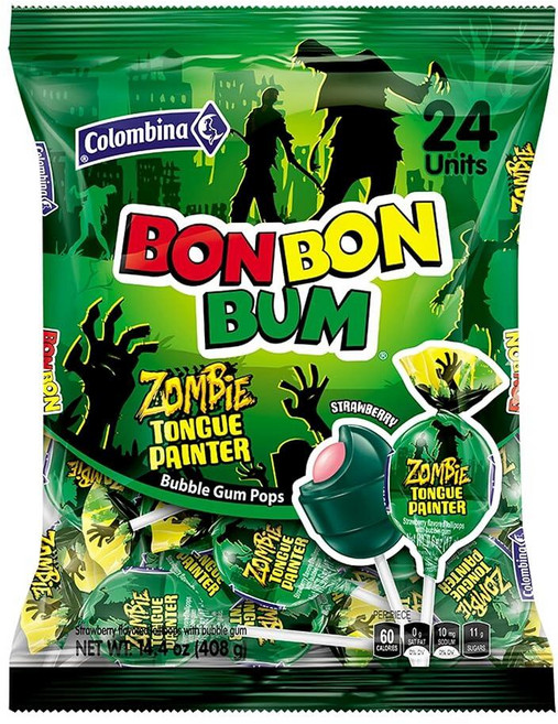 Colombina Bon Bon Bum Zombie - 풍선 껌 센터가 있는 혀 페인터 롤리팝 24개 - 개별 포장된 딸기 빨판 팩 - 완벽한 글루텐 프리 할로윈 캔디 - 40, 1개, 408g