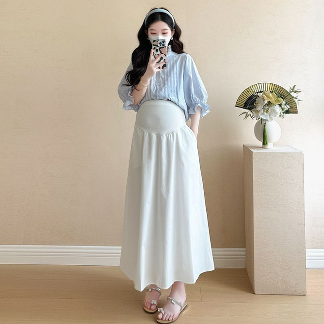 임산부 스커트 투피스 세트 봄 가을 임부 루즈핏 긴팔 블라우스 + 일자 롱 스커트 패션 세트 JS