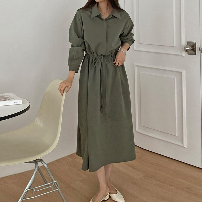 빅걸스토리 빅사이즈 여성 라스피 허리끈 카라 캐주얼 롱원피스