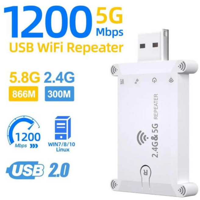 무선 와이파이 부스터 증폭기 확장기 WiFi FIY 2.4g/5g Usb Wifi 리피터 듀얼 밴드 1200M 무선 신호 익스텐더 USB 전원 공급 장치, 1개