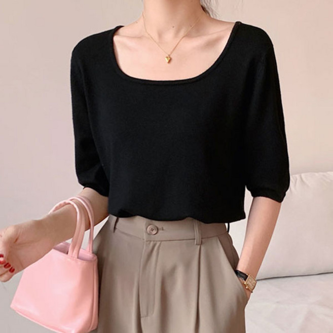 루씨앤 야미 여름 슬림 쿼드넥 기본티 럭셔리 정장 스퀘어넥 반팔 니트 여성 티셔츠 609