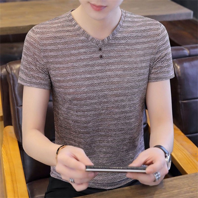 남자 니트 반팔티 여름 쿨 티셔츠 브이넥 슬림 스판 통기성 골지 AJ97