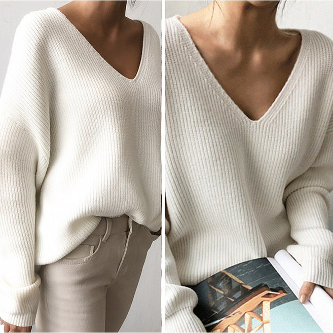 VERIT 딥 브이넥 여성 언밸런스 루즈핏 긴팔 니트 VT104
