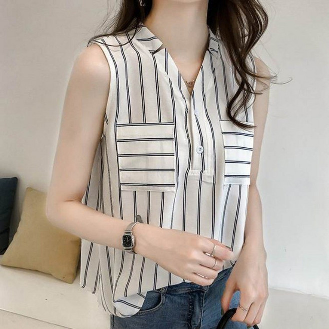 《杜達女孩》條紋無袖雪紡上衣 V領 女