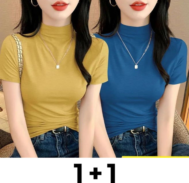 메인워크 1+1 여성 반폴라 반팔 티셔츠 여름 냉장고 모달 슬림핏 데일리 쿨링 솔리드 베이직 기질 패션 아우터 상의 2매입