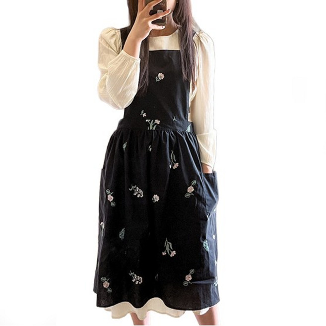 두리앤고 플로럴 H형 카페 원피스 앞치마, 플로럴 블랙, 1개