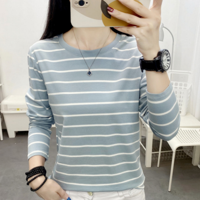 MS HOME 여성 라운드넥 면 티셔츠 스트라이프 긴팔