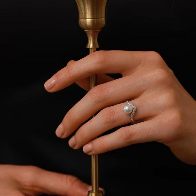 NXNA S925 진주 큐빅 반지 여성 고급스럽고 심플하며 캐주얼한 오픈 루프 조절식 선물용 CS-JZ008