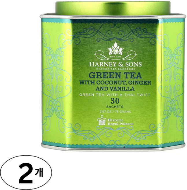Harney & Sons 녹차 코코넛 생강 및 바닐라 함유, 75g, 2개, 30개입