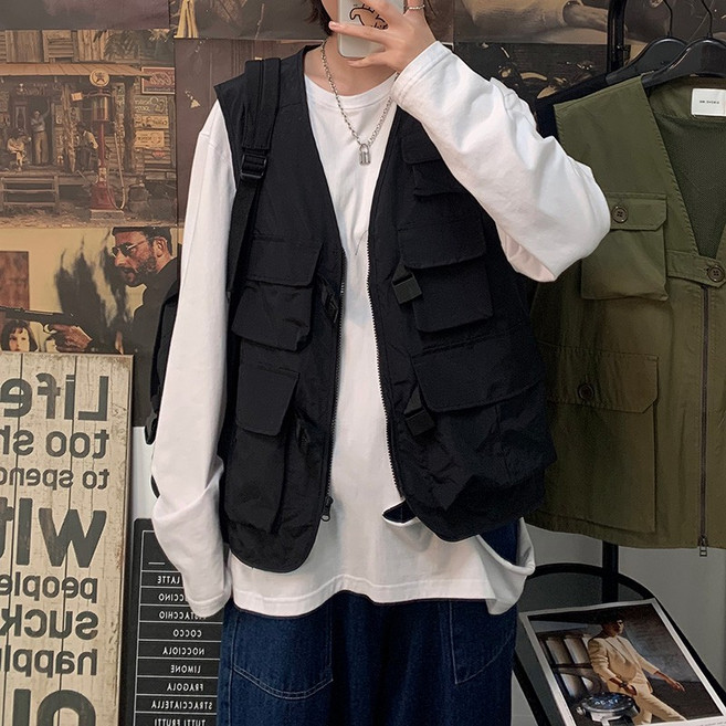 LARGE STORE 秋冬新款潮流軍裝背心外套 夾克背心 男生外套 功能外套 騎士夾克 背心夾克(M2003)