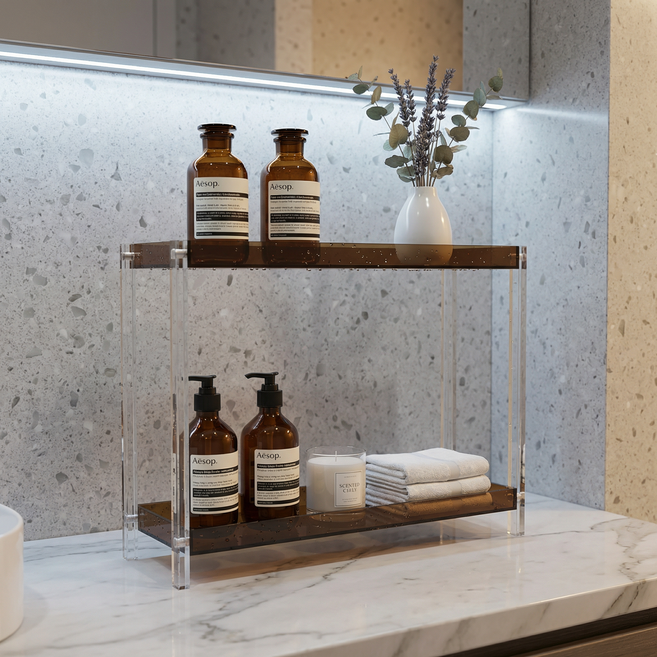 Tixpra 프리미엄 투명 아크릴 향수 화장품 진열대 피규어 장식장 (쇼룸 데스크테리어), 1개, 브라운