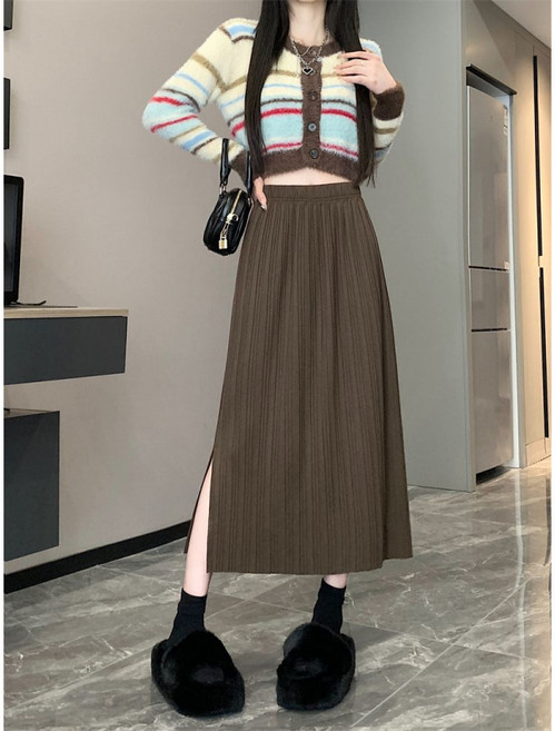 Choyur여성 가을겨울 하이웨이스트 주름 롱스커트 심플 무버튼 사이드트임 스트레이트wjj