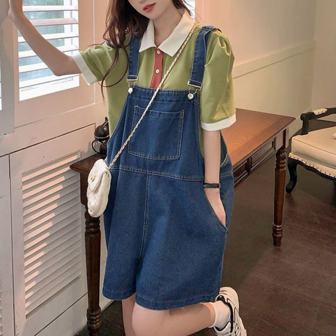 여성용 봄 여름 루즈핏 청멜빵바지 캐주얼 5부 데님 점프슈트 반바지
