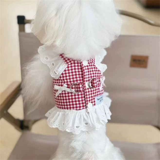 besteffie 강아지 원피스 반려동물 체크무늬 원피스 귀여운 레이스 장식 진주 끈 봄 가을용 K87, 02사진색, 1개
