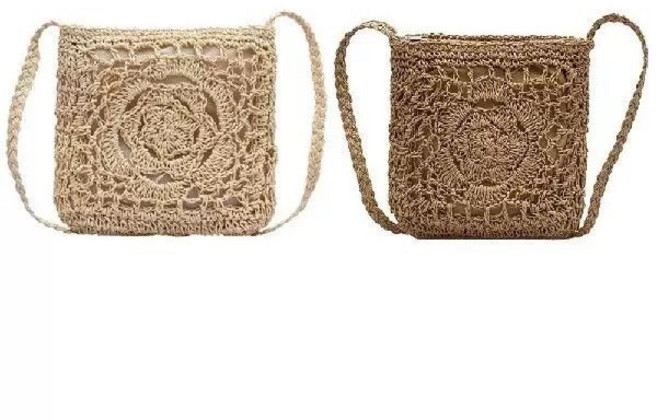 迷你鉤針花紋草編斜背包 米色/棕色, 棕色