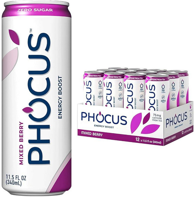 PHOCUS 카페인 스파클링 워터 블러드 오렌지 75mg 천연 카페인 플러스 L-테아닌 무설탕 제로 칼로리 인공 감미료 없음 355ml(11온스) 캔 (12팩), Mixed Berry, 355ml