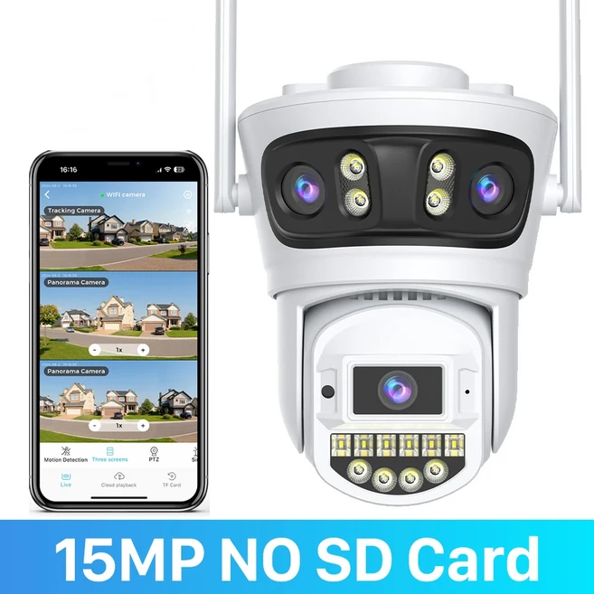 야외 비디오 감시 카메라 야간 투시경 인간 감지 보안 캠 15MP 8K 3 렌즈 와이파이 카메라 3 화면 2, 06 15MP NO SD Card, 03 AU 플러그
