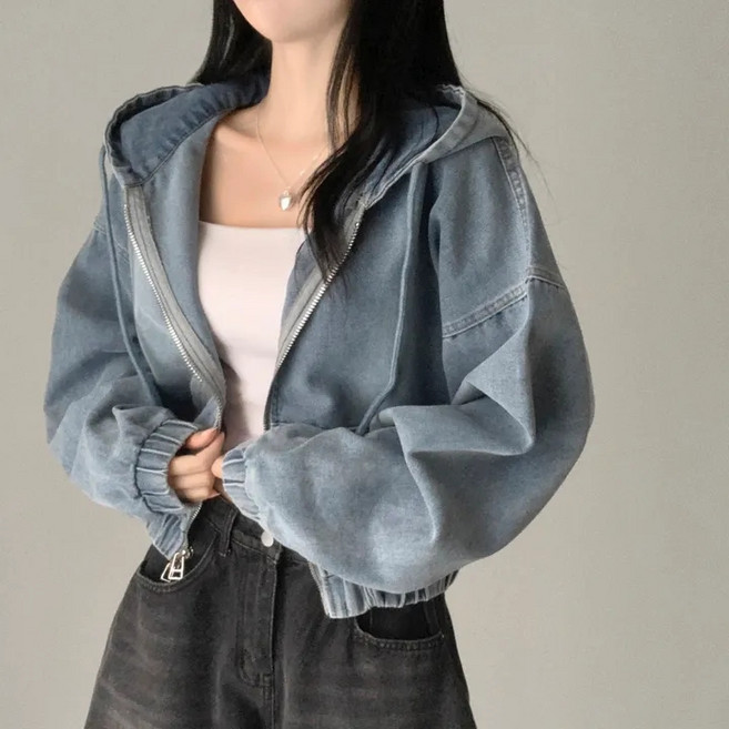 쪼예 빈티지 스티치 데님 투웨이 루즈핏 세미 크롭 후드 집업 자켓