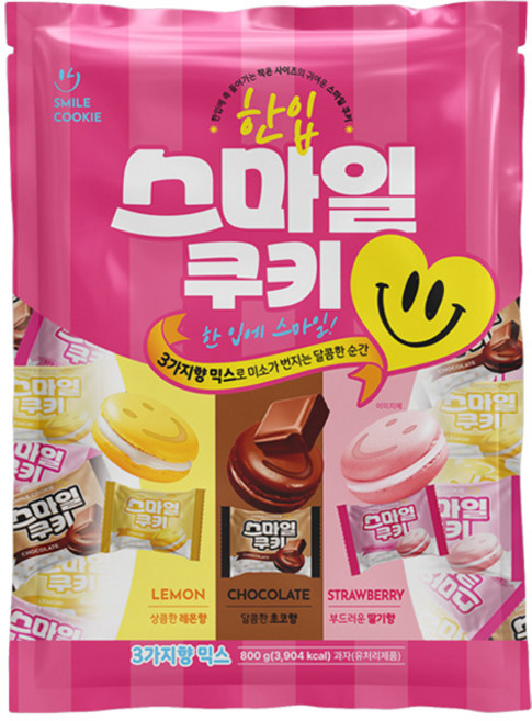 한입 스마일 샌드쿠키 세가지맛(초코 레몬 딸기) 믹스 대용량 개별포장(약 160개입) 과자, 1개, 800g
