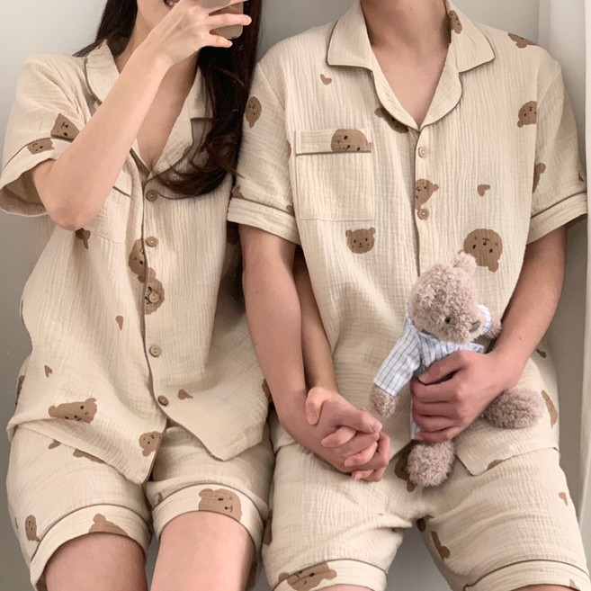 곰돌이 뽀송 하트 베어 순면 여름 커플 잠옷 빅사이즈 파자마세트