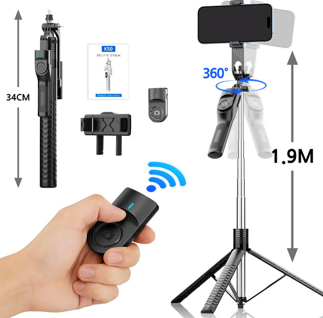 Ditwo 190cm 초경량 그립 핸들 블루투스 삼각대 셀카봉 광각 브이로그 촬영 3in1, 1개, 블랙, small