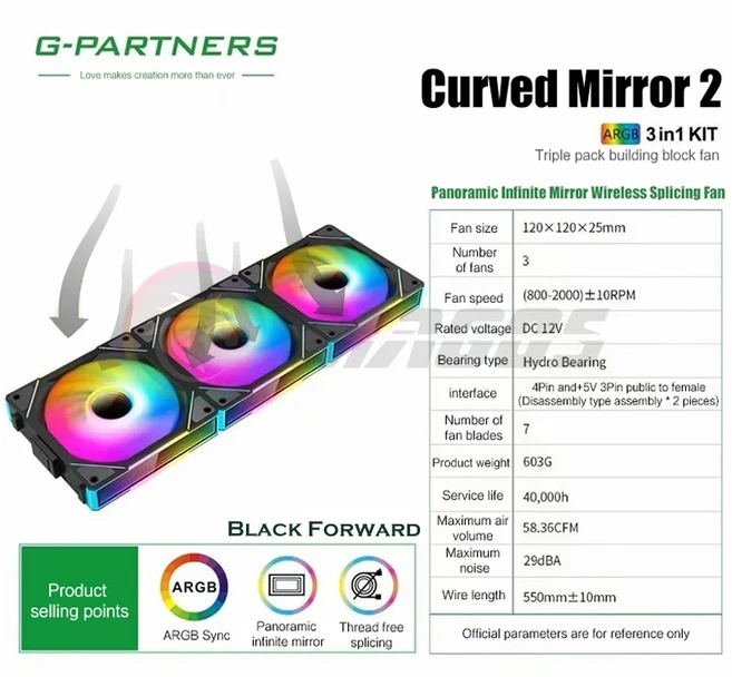 Uni Fan 120 RGB 인피니티 미러 램프 효과 3 In 케이블리스 포워드/리버스 블레이드 MB SYNC 사일런트 음소, 01 Black 3Pcs Forward, 01 기타, 01 A-RGB