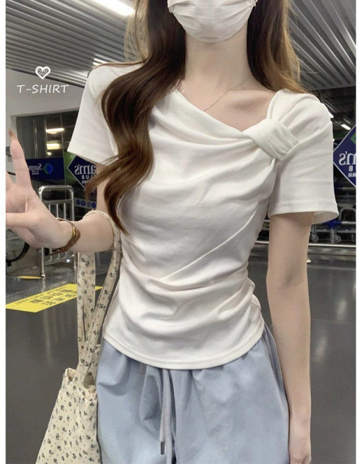 해피유통 여성 여름 패션 디자인 꼬임 반팔 티 조거 솔리드 상의 jhXG12