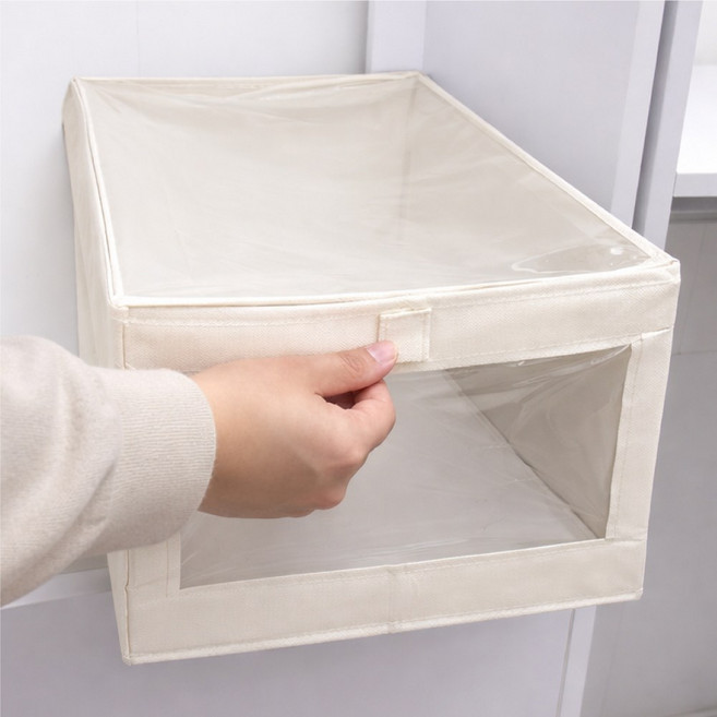 하스몰 옷정리 보관 대용량 투명창 커버형 먼지없는 수납 의류 정리함, 베이지, 1개