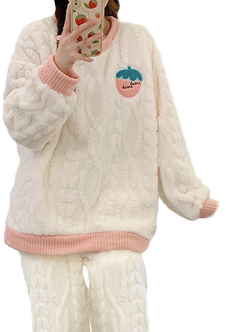 [MilaCorinna] 여성 잠옷 룸웨어 보송보송 셋업 보송보송 따뜻한 플란넬 귀여운 팬더 케이블 패턴 여성 홈웨어 상하 세트 실내복 실내복 긴팔 파자마 2피스 세트 방한 ..., 상세페이지 참조, 기타