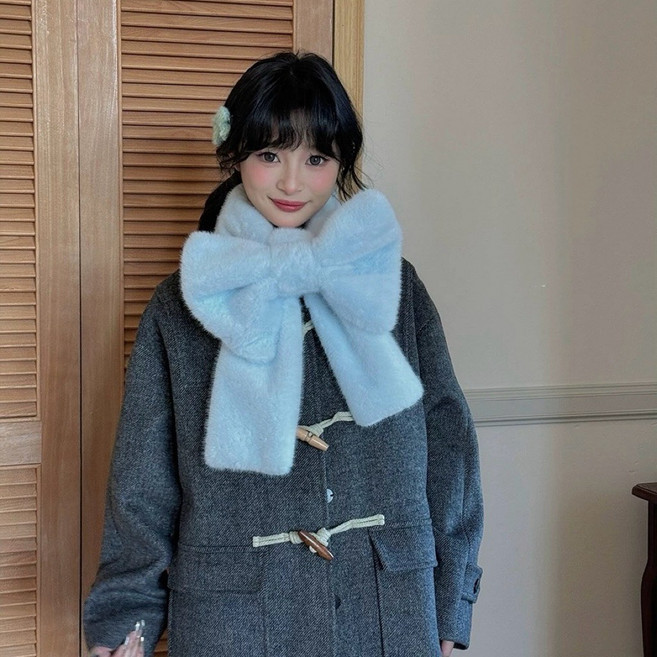 蝴蝶結毛絨圍巾 立體造型保暖圍脖