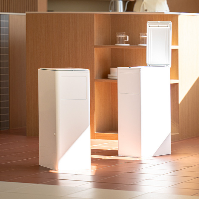 모노플랫 듀얼락 냄새차단 쓰레기통 30L + 쓰레기봉투 세트, 우드 + 화이트