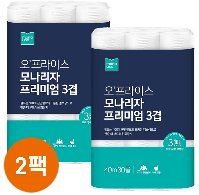 오프라이스 모나리자 프리미엄 3겹 화장지 40m*30롤, 40m, 30롤, 2개