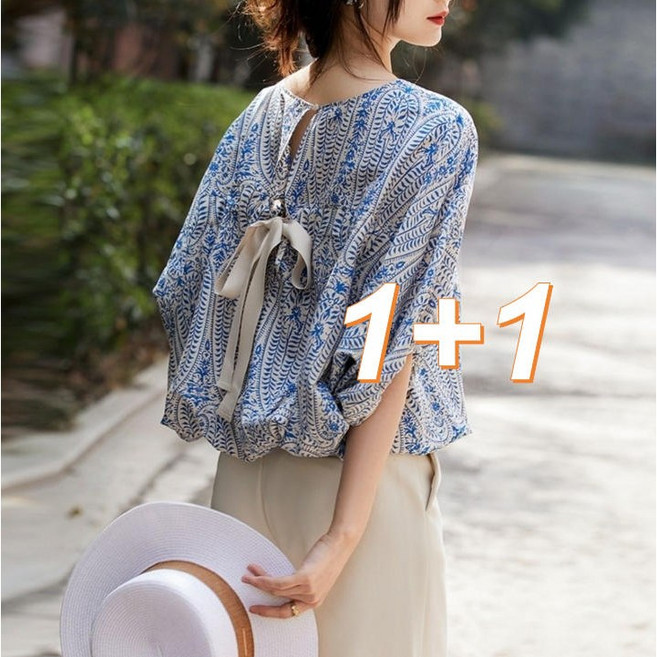 카카보보 1+1 예쁜 라운드 가오리핏 리본 블라우스 셔츠 여름 반팔티