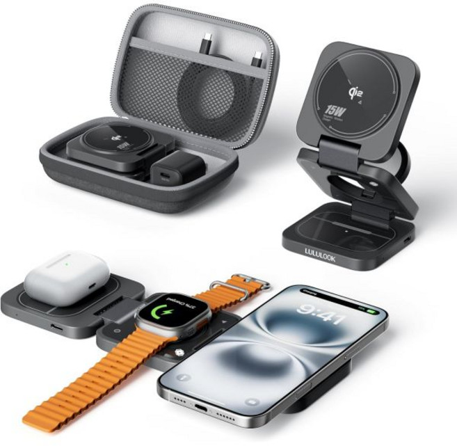 Apple용 Qi2 MFi 3 in 1 충전소 iPhone 호환17 Pro Watch용 여행용 마그네틱 무선 충전기 스탠드 에어팟 및 인증 30W GaN 어댑터 포함액시옴 그레, ​​Hypervolt Black