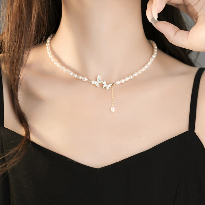 아이루리 글로시 큐빅 나비 진주 초커 목걸이 러블리 버터플라이 드롭 여성 악세사리