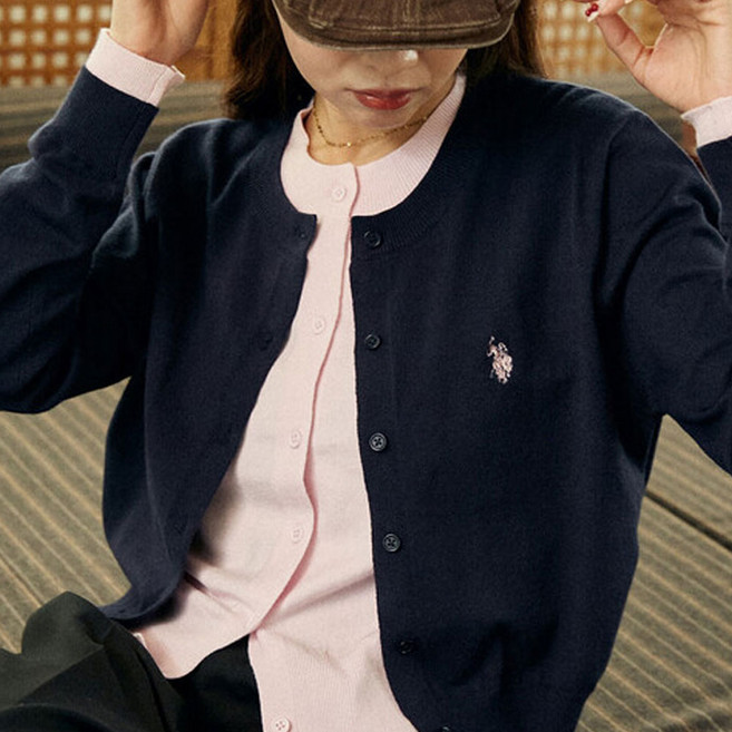 US POLO ASSN 폴로 자수 여성 레이어드 라운드넥 니트 가디건