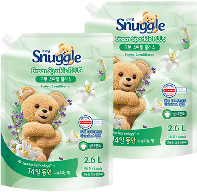 스너글 섬유유연제 그린 스파클 플러스 리필 2.6L 2개