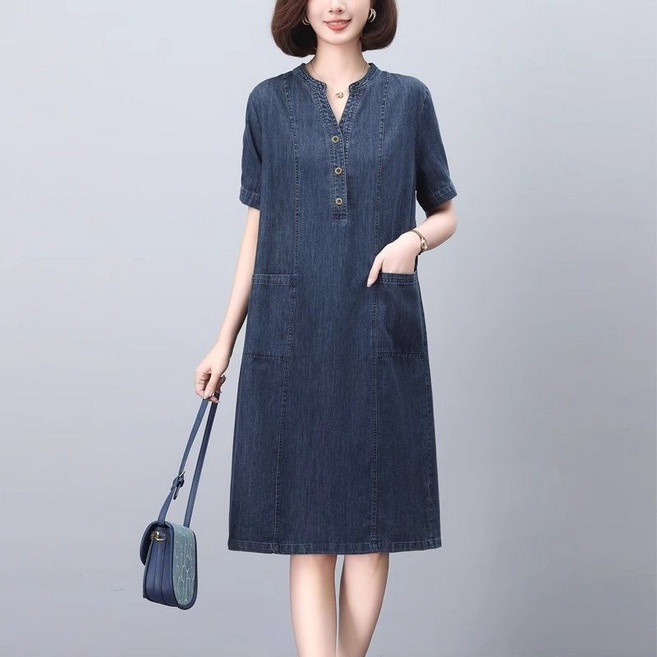 여름 데님 반팔 원피스 중년 여성 빅사이즈 슬림핏 원피스 엄마 패션 프렌치룩 얇은 스커트 LJX